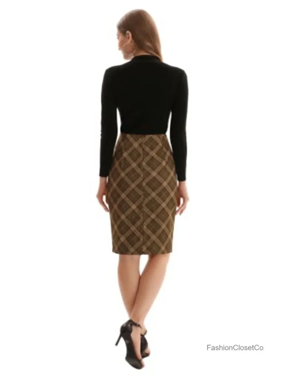 Women's High Waist Plaid Bodycon Pencil Skirt Knee Length